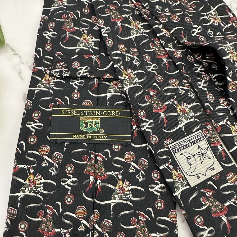 Kieselstein Cord Mens Vintage 90s Silk Neck Tie Black Gray Knights Scroll Italy - Picture 5 of 6